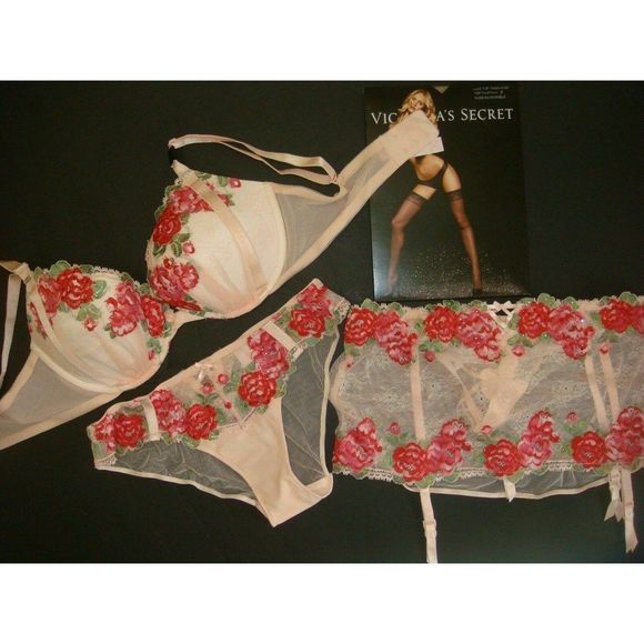 Victoria's secret 32B,34B,34D,34DD BRA SET+garter+panty Embroidered Roses Pink - Picture 9 of 9